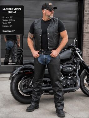 Men's Black Leather Motorcycle Chaps and Vest Set